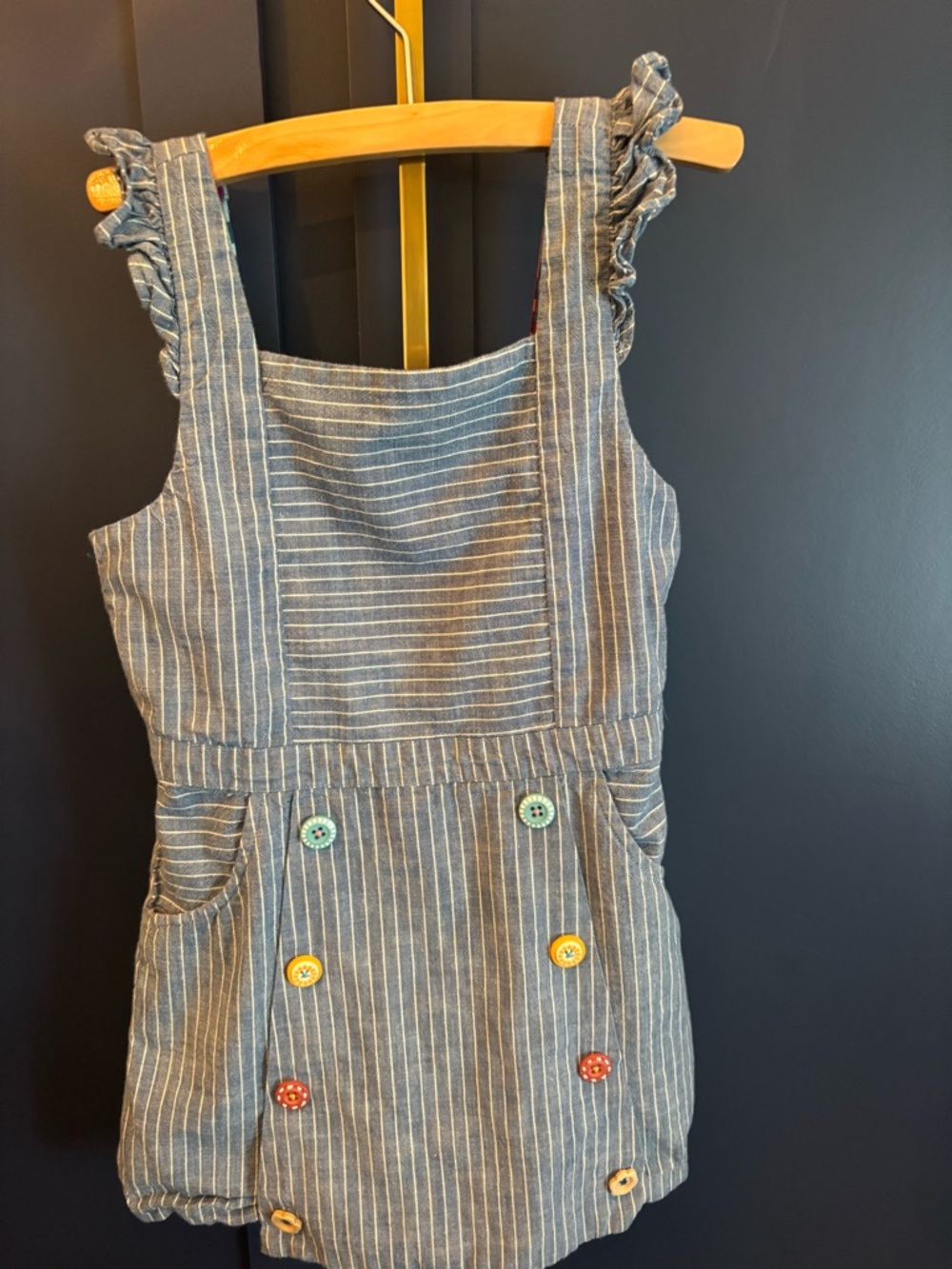 Girls' Blue Stripe Pinafore romper with Colorful Buttons